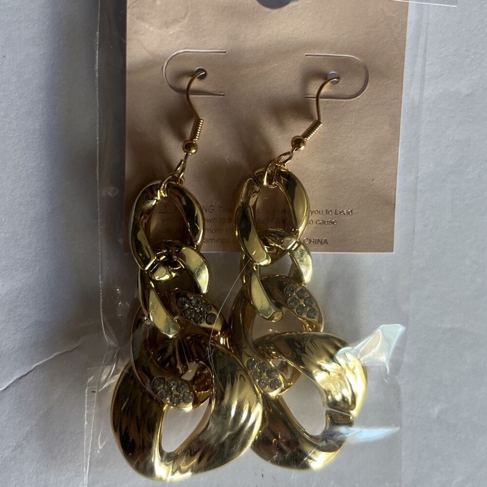 Blossom Gold Tone Dangle Drop Earrings Abstract Link Rhinestone Hook New